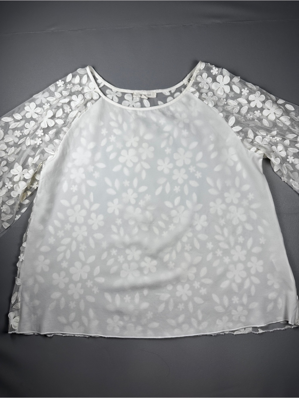 Nassau Girl Women’s XL White Floral Sheer Mesh Blouse Embroidered Lace Top